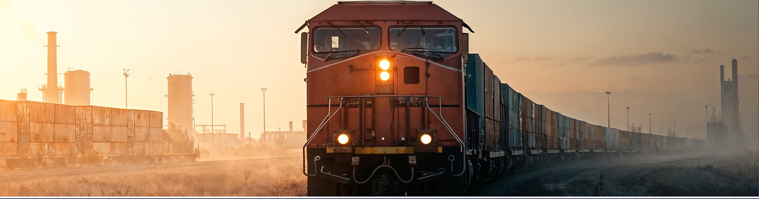Freight train at sunrise representing the Marine and Transport practice